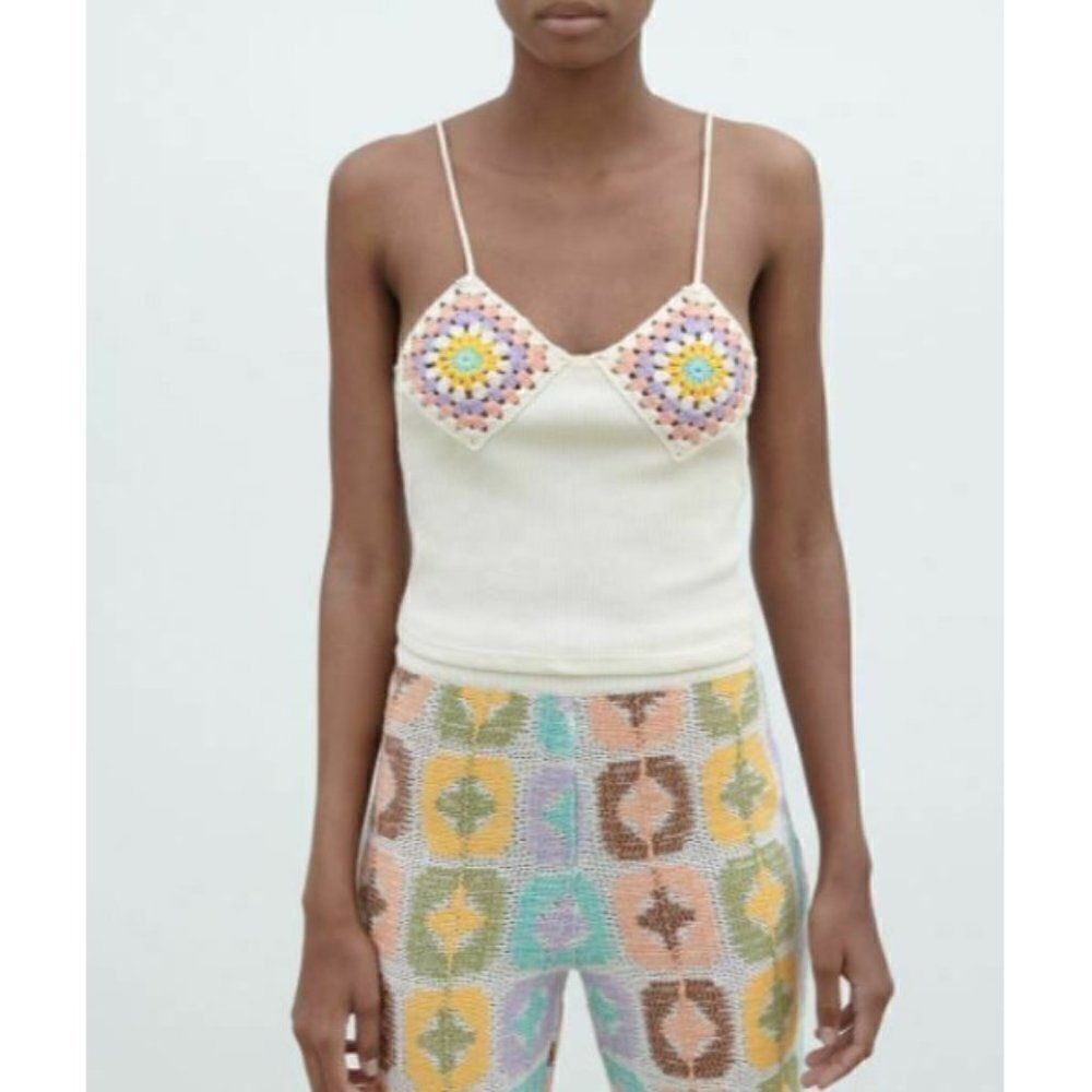 Zara Womans Shirt Top Crochet Contrasting V-Neck Ivory Size XS-S NWT 1131/810